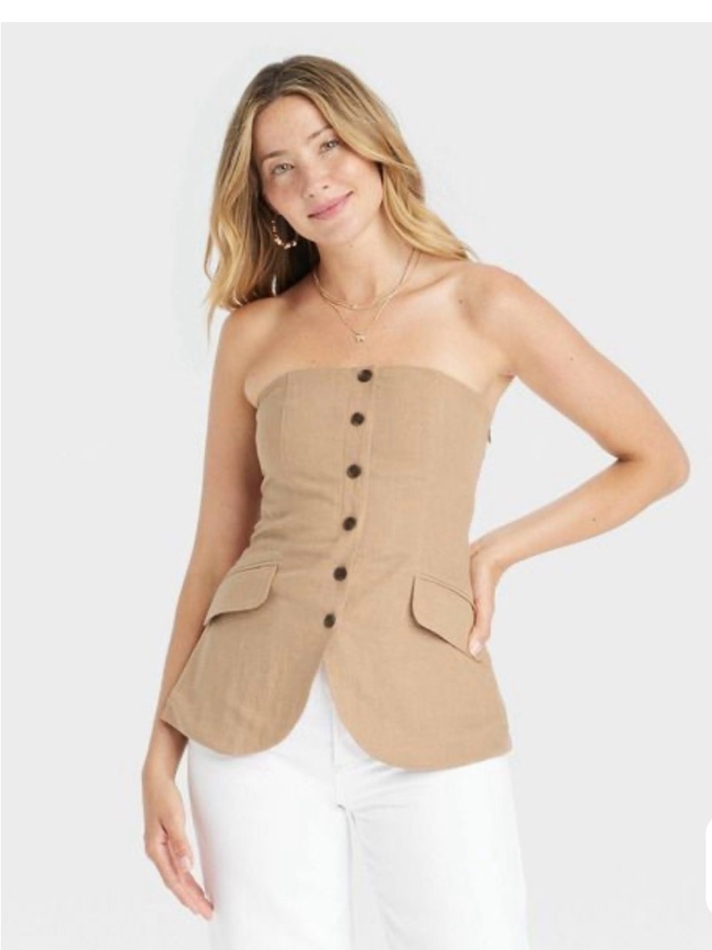 Universal Thread Strapless Button-Front Tan Linen Blend Top